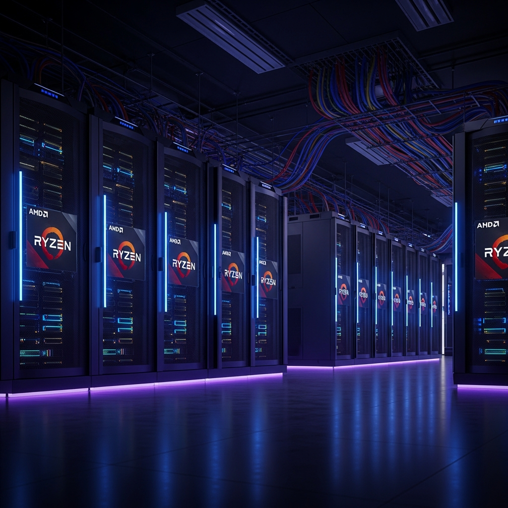 photorealistic image of a futuristic server room with rows of AMD Ryzen processor-powered rack servers, glowing blue LED lights, network cables neatly organized, dark ambient lighting with subtle purple highlights representing high-performance gaming infrastructure